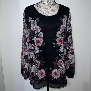 Zac & Rachel Floral Sheer Sleeve Chiffon Blouse XL